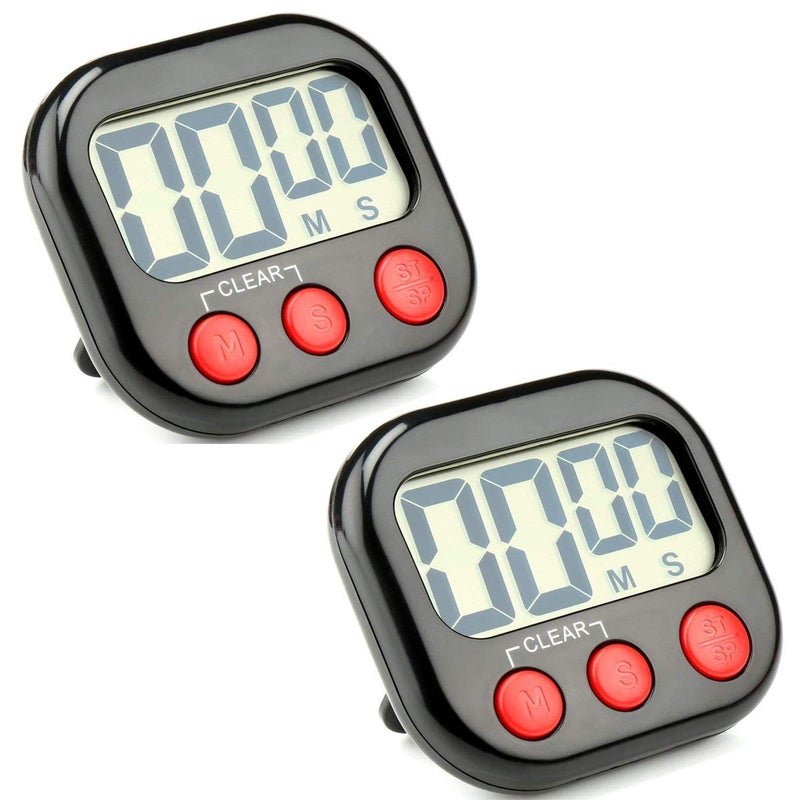 Rumcnjen 2 Pack Digital Kitchen Timer Big LCD Screen Loud Alarm Strong Magnetic Back and Stand Minute Seconds Count Up Countdown and Simple Operation for Homework Game Exercise Kids Cooking Timers (Black+Red) - Image 1